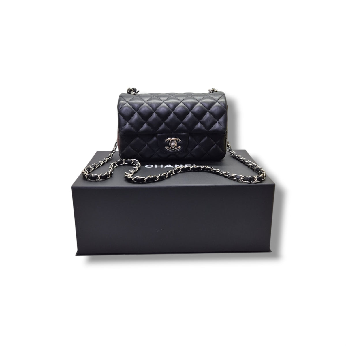 Chanel Mini Rectangular Flap Lambskin Shw (Black)