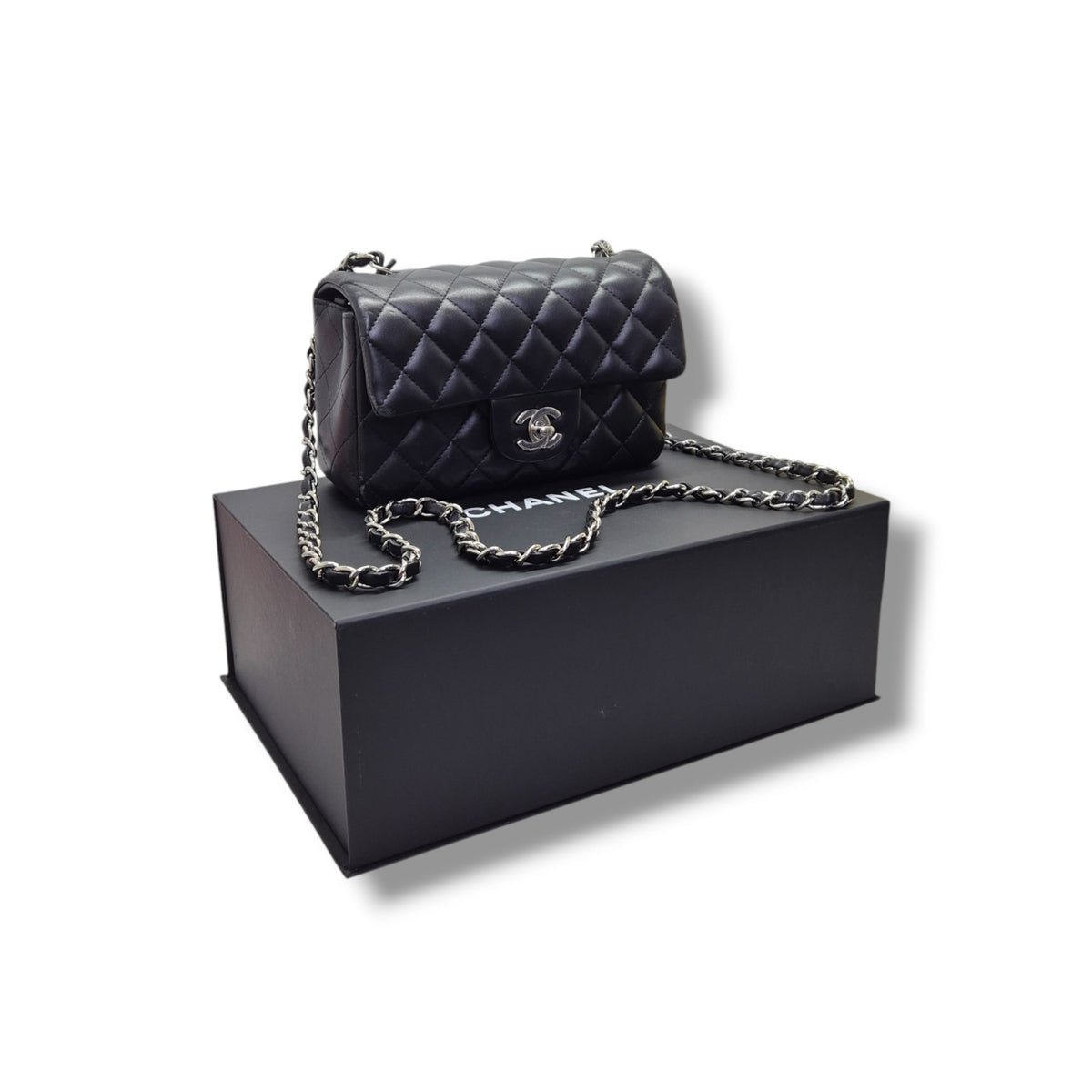 Chanel Mini Rectangular Flap Lambskin Shw (Black)