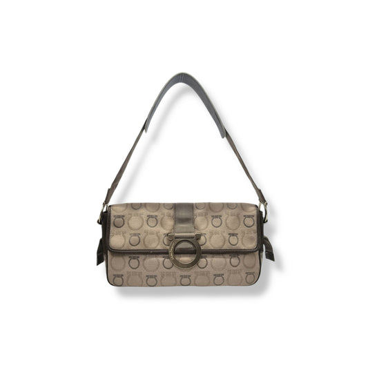 Salvatore Ferragamo Gancini Canvas Shoulder Bag Ghw (Brown)