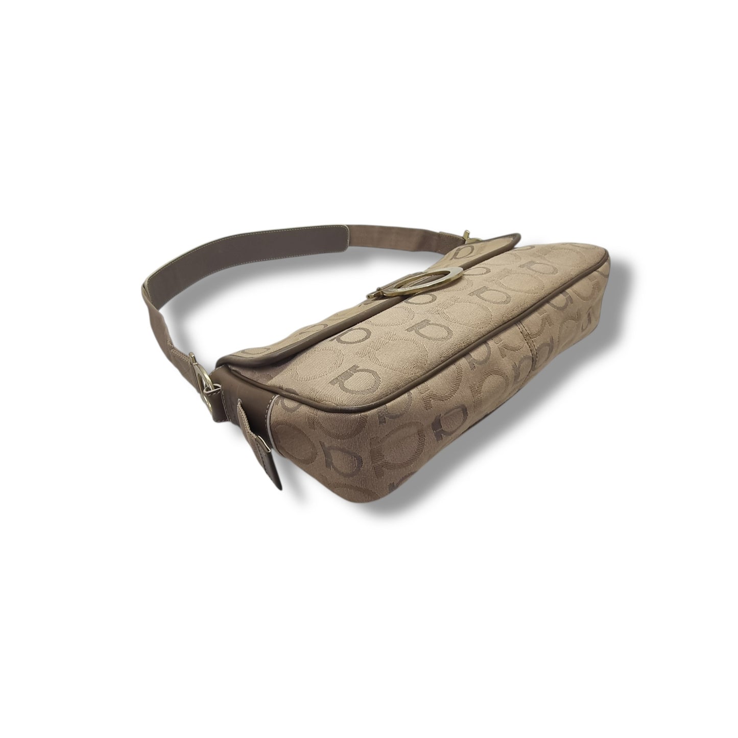 Salvatore Ferragamo Gancini Canvas Shoulder Bag Ghw (Brown)