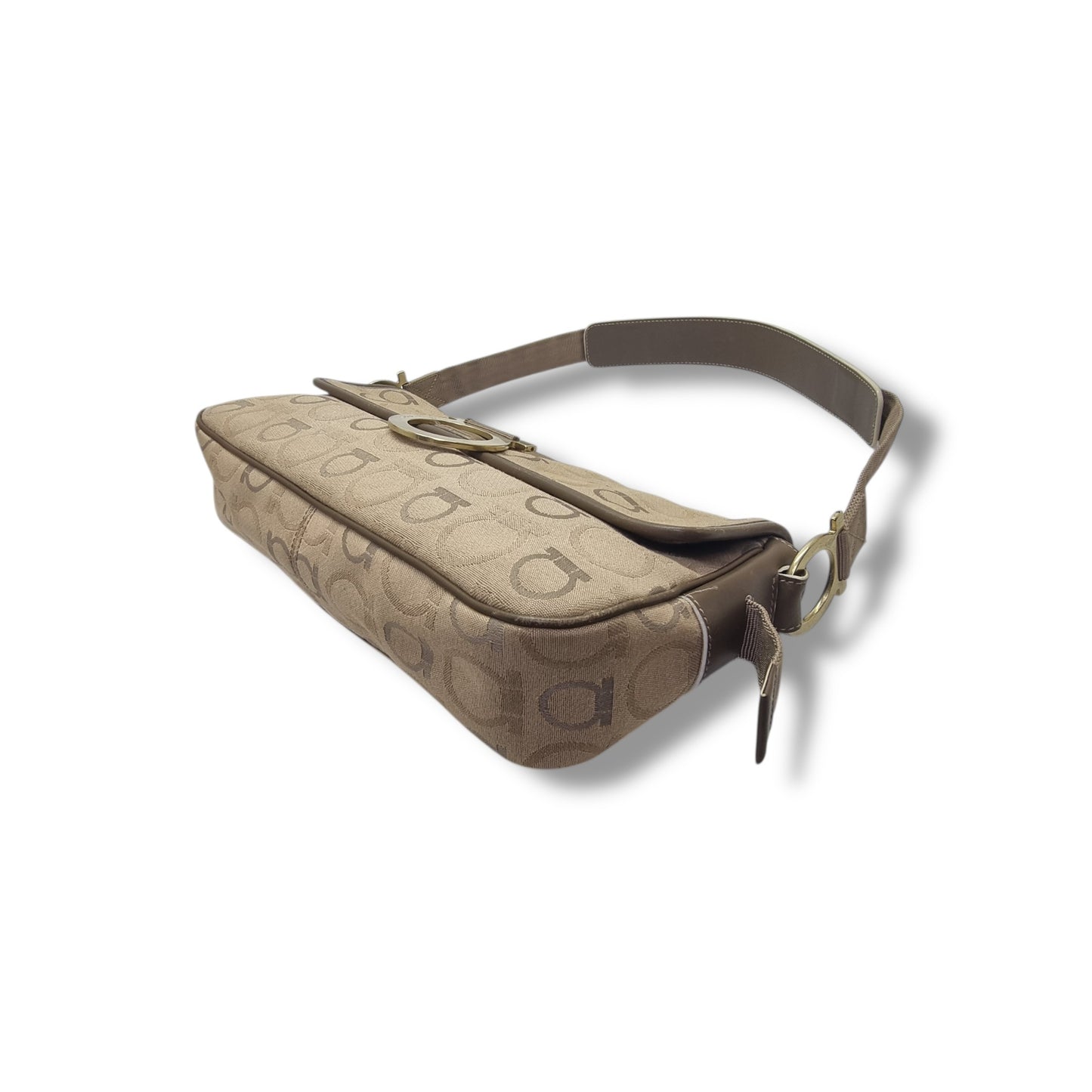 Salvatore Ferragamo Gancini Canvas Shoulder Bag Ghw (Brown)