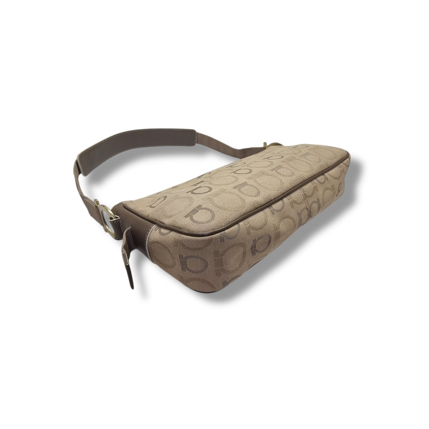 Salvatore Ferragamo Gancini Canvas Shoulder Bag Ghw (Brown)