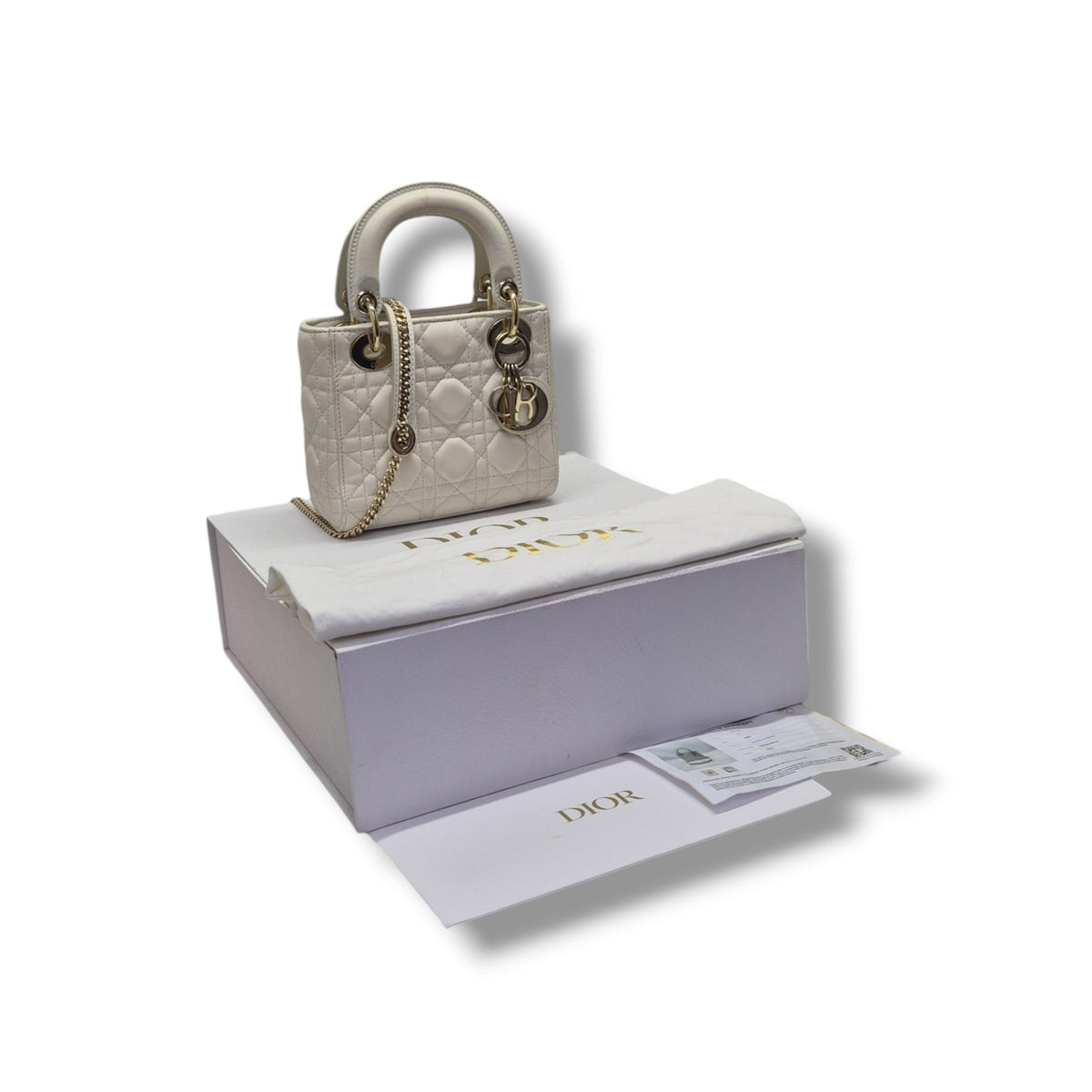 Christian Dior Lady Dior Mini Cannage Lambskin Ghw (Latte)