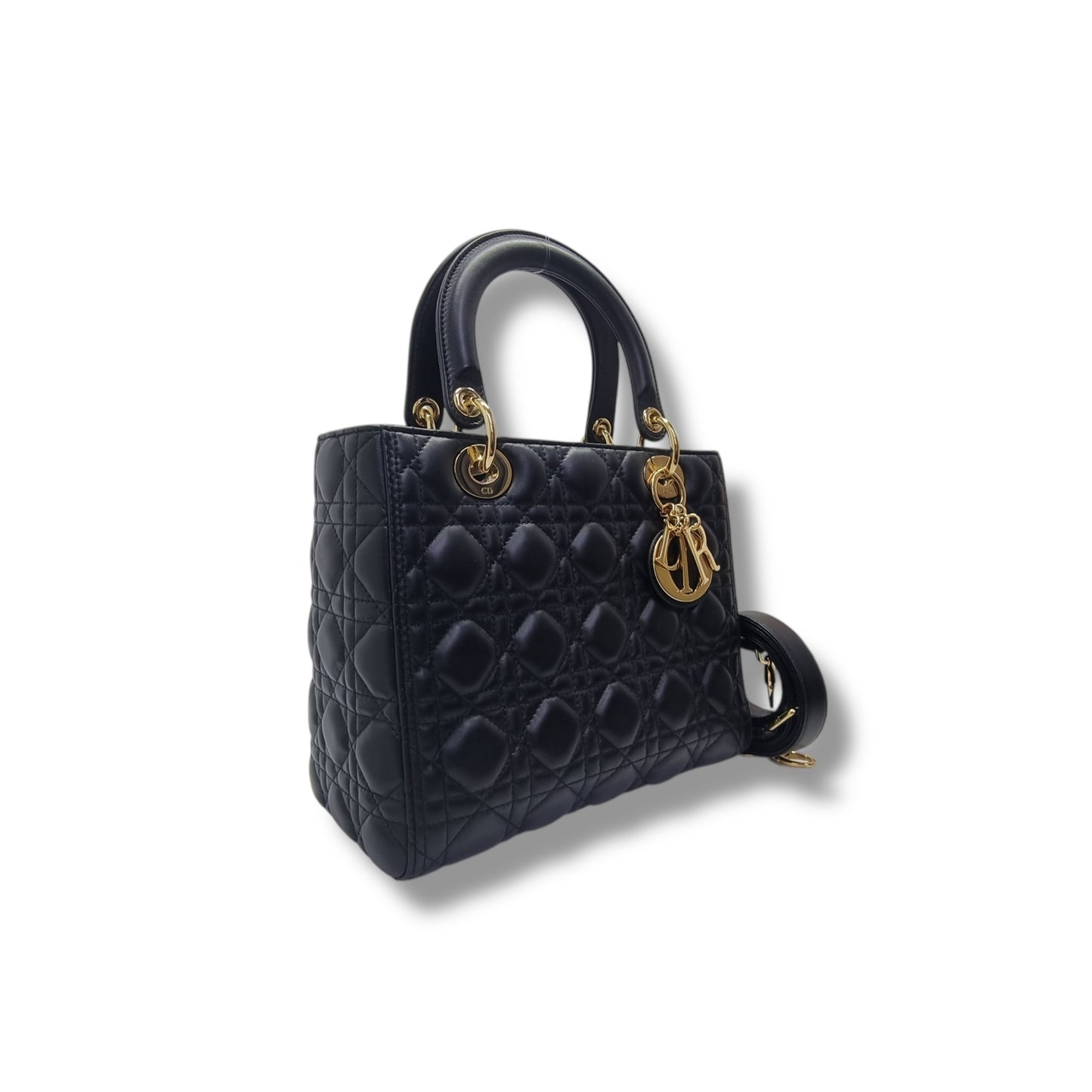 Christian Dior Lady Dior Medium Cannage Lambskin Ghw (Black)