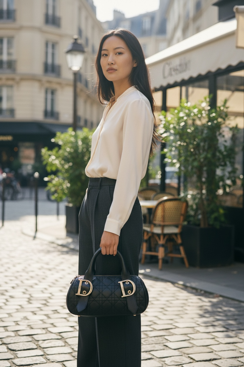 Christian Dior Dior Cannage Quilted Leather Bowler Bag Shw (Black)