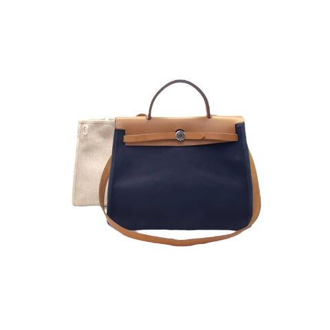 Hermes Herbag PM 31 (2 In 1) Palladium Hw (Navy Blue/Beige)