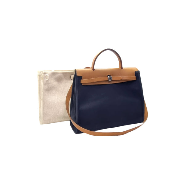 Hermes Herbag PM 31 (2 In 1) Palladium Hw (Navy Blue/Beige)