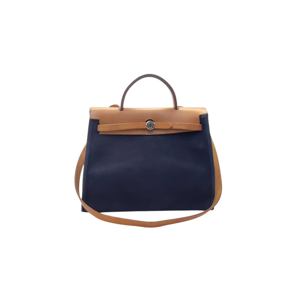 Hermes Herbag PM 31 (2 In 1) Palladium Hw (Navy Blue/Beige)