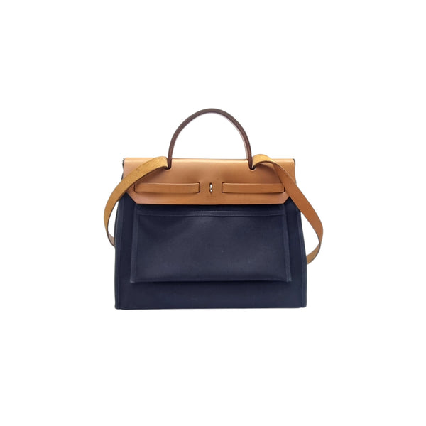 Hermes Herbag PM 31 (2 In 1) Palladium Hw (Navy Blue/Beige)