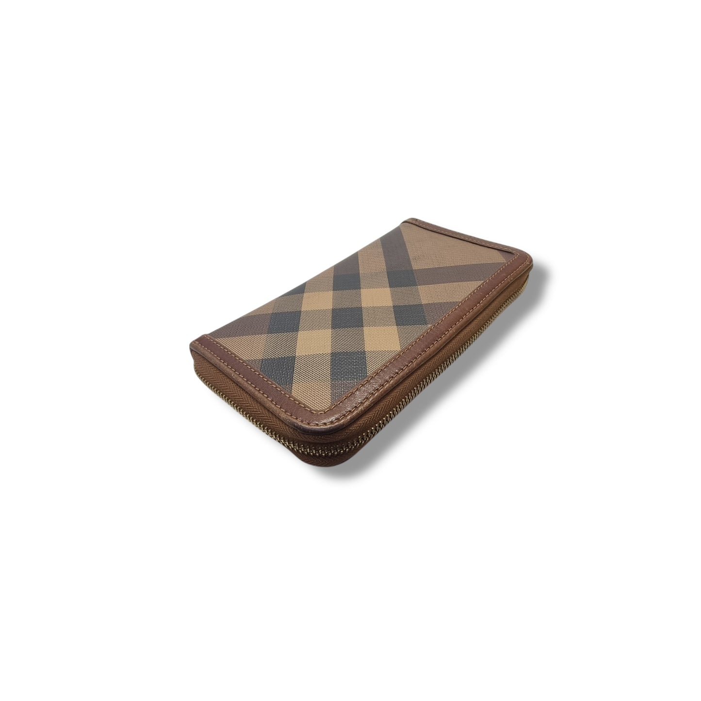 Burberry Smoked Check Canvas Zip Around Wallet Ghw (Brown)