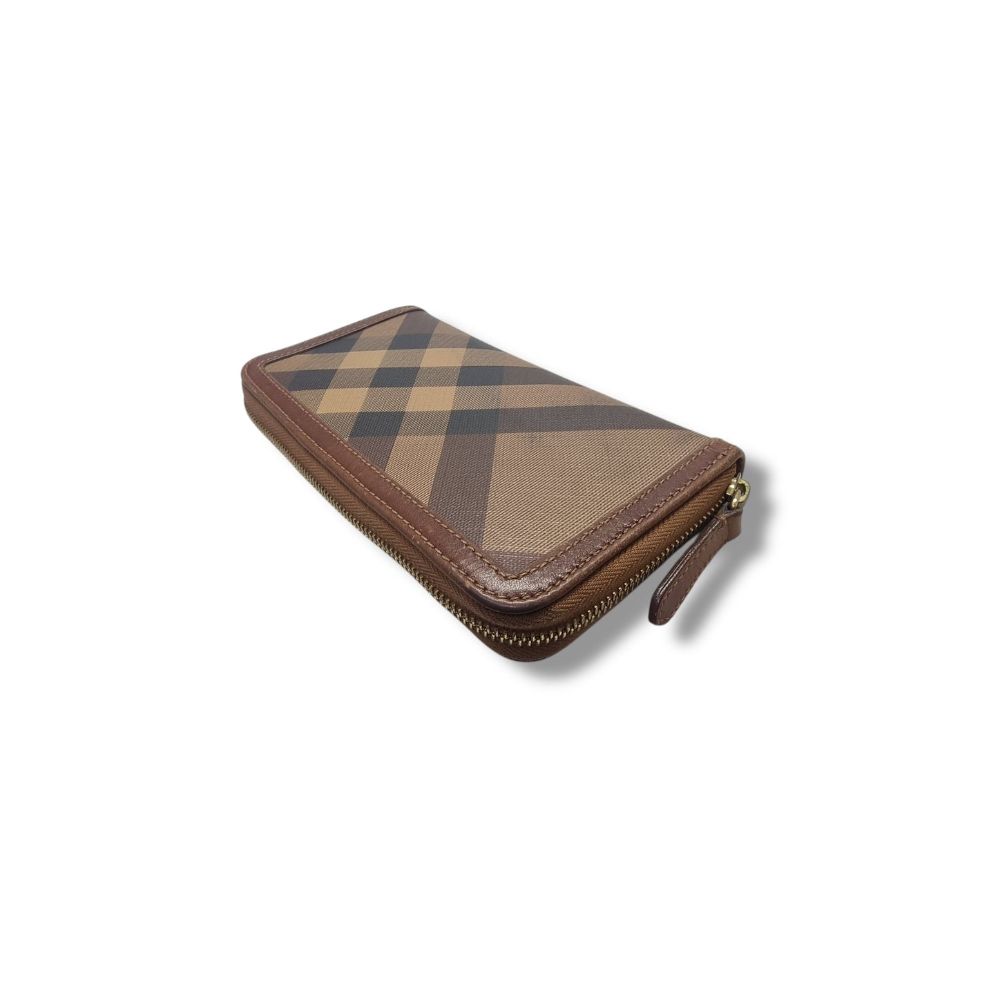 Burberry Smoked Check Canvas Zip Around Wallet Ghw (Brown)