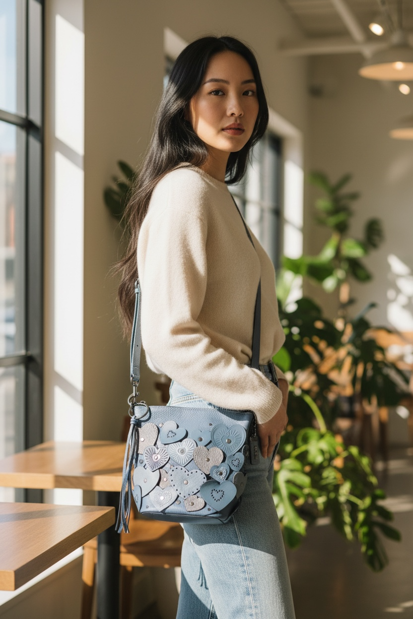 Coach Heart Embellished Crossbody Shw ( Blue)