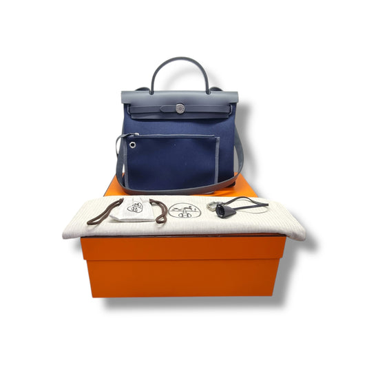 Hermes Herbag Zip PM 31 Canvas Hunter Cowhide Leather Phw (Bleu Marine/Ardoise)