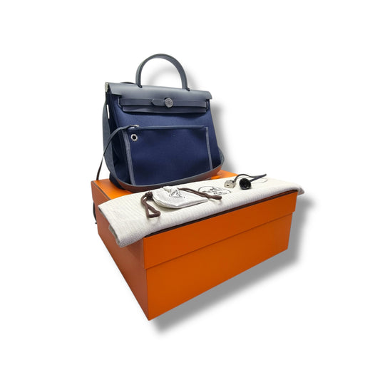 Hermes Herbag Zip PM 31 Canvas Hunter Cowhide Leather Phw (Bleu Marine/Ardoise)