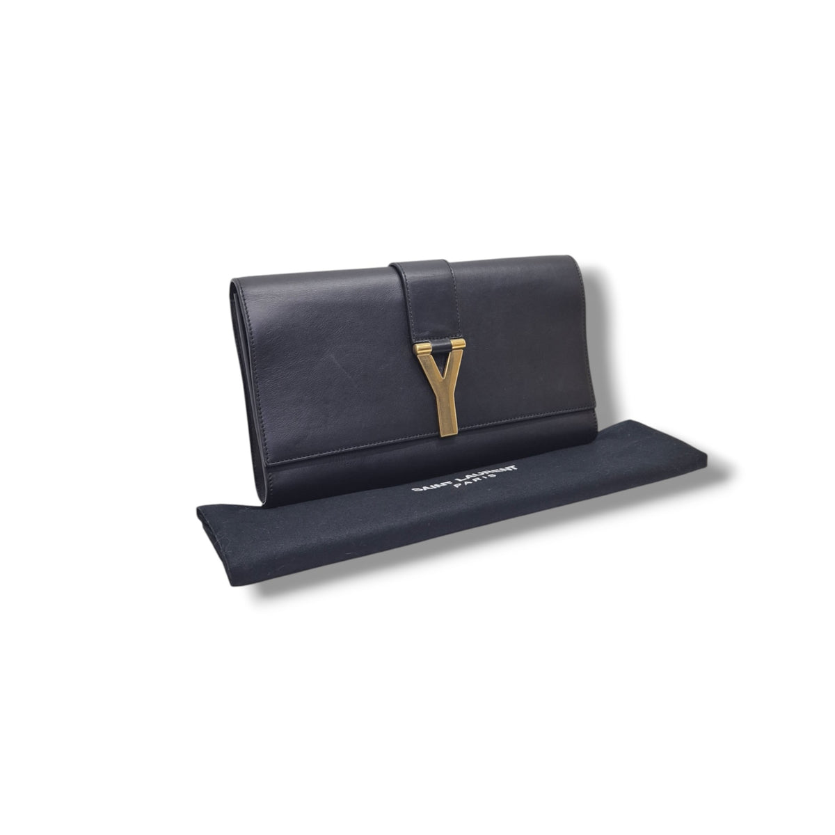 YSL Ligne Y Clutch Calfskin Leather Ghw (Black)