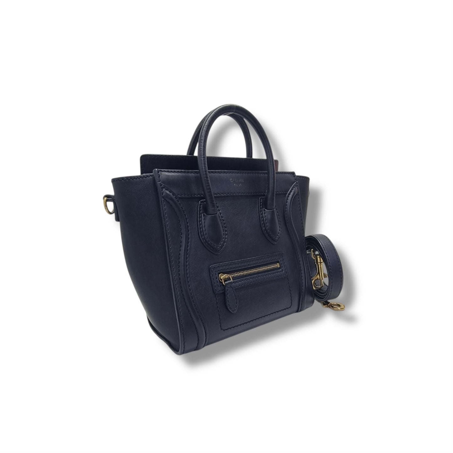 Celine Nano Luggage Leather Tote Bag Antique Gold Hw (Black)