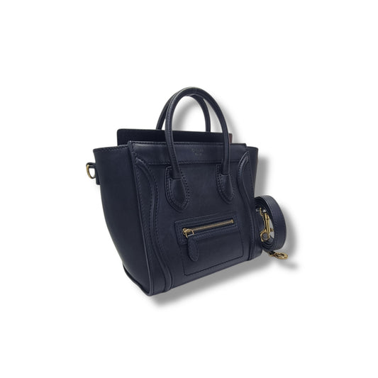 Celine Nano Luggage Leather Tote Bag Antique Gold Hw (Black)