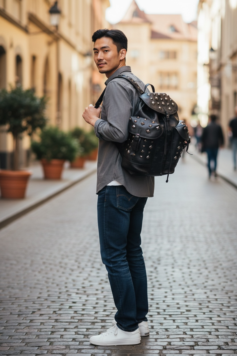 MCM Backpack Honshu Tantris Studded Canvas & Leather Shw (Black Monogram)