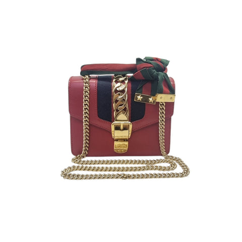 Gucci Sylvie Mini Leather Sling Bag Ghw (Red)