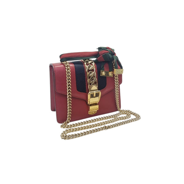 Gucci Sylvie Mini Leather Sling Bag Ghw (Red)