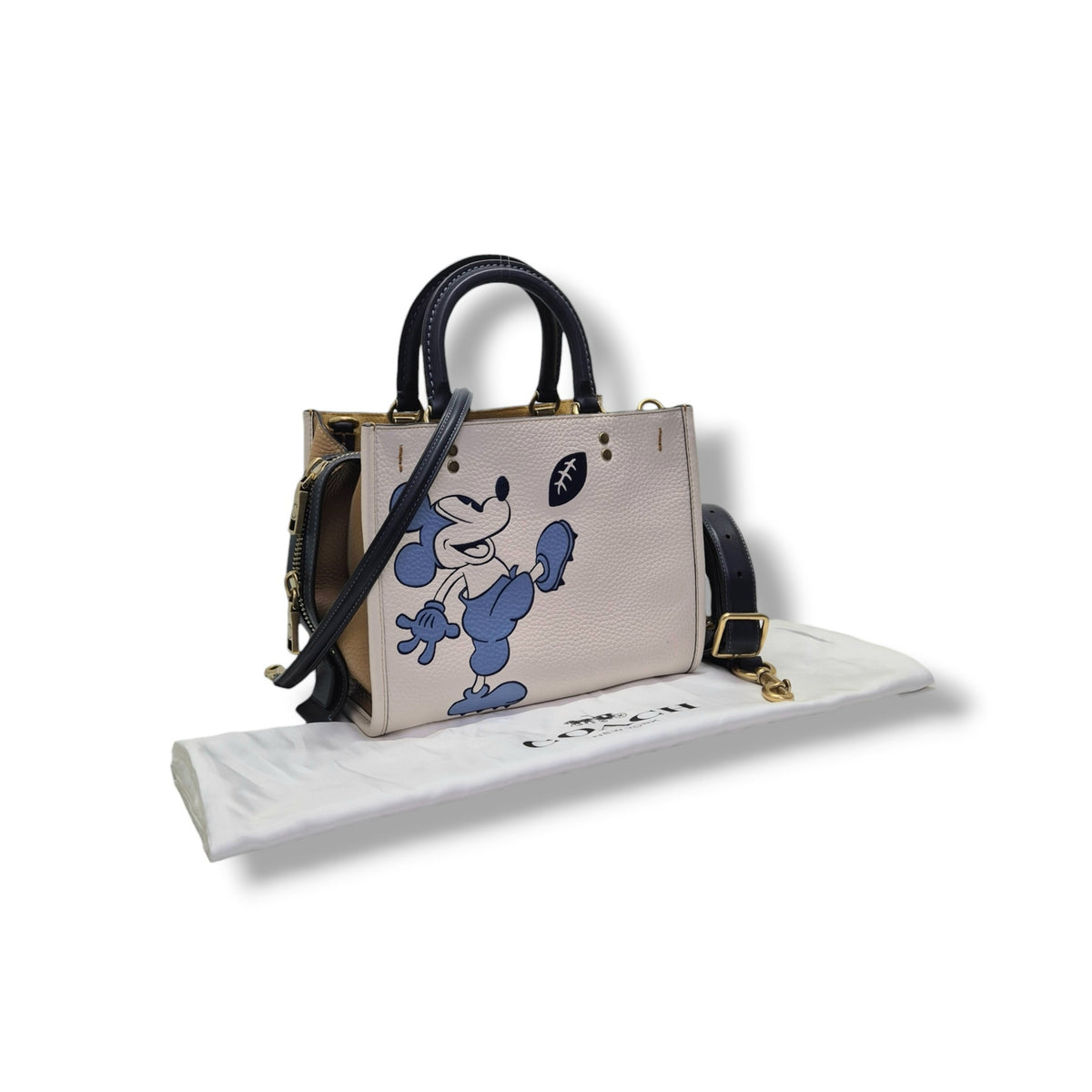 Coach X Disney Rogue 25 Mickey Mouse Pebbled Leather Tote Bag Ghw (White/Blue/Brown)