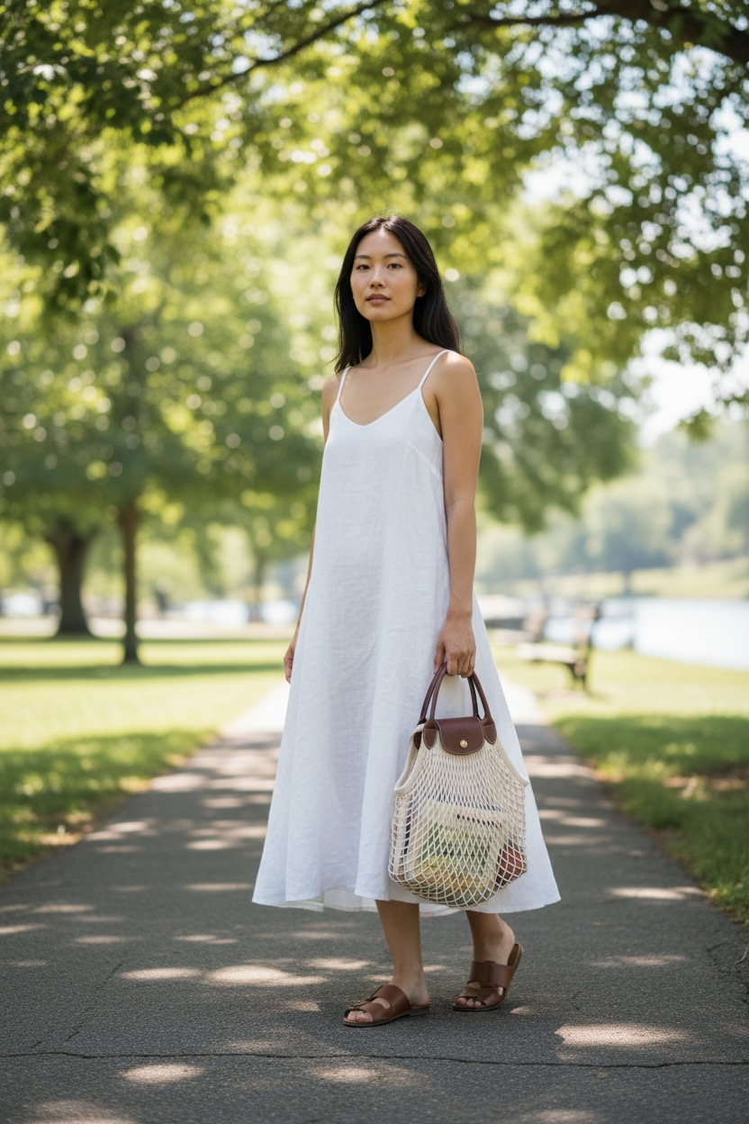 Longchamp Le Pliage Filet L Mesh Cotton Shoulder Bag (White)