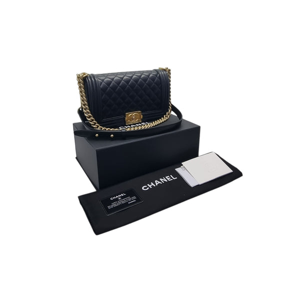 Chanel Boy Old Medium Lambskin Antique Gold Hw (Black)