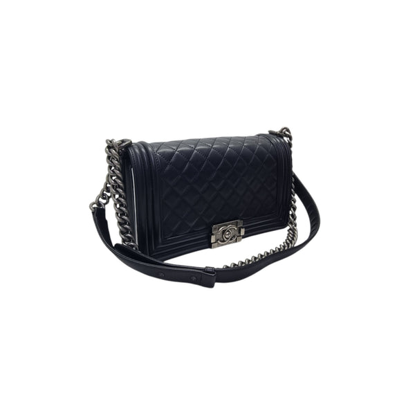 Chanel Boy Old Medium Lambskin Ruthenium Hw (Black)