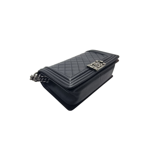 Chanel Boy Old Medium Lambskin Ruthenium Hw (Black)