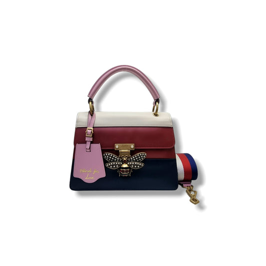 Gucci Queen Margaret Top Handle Leather Tote Antique Gold Hw (White/Red/Navy Blue)