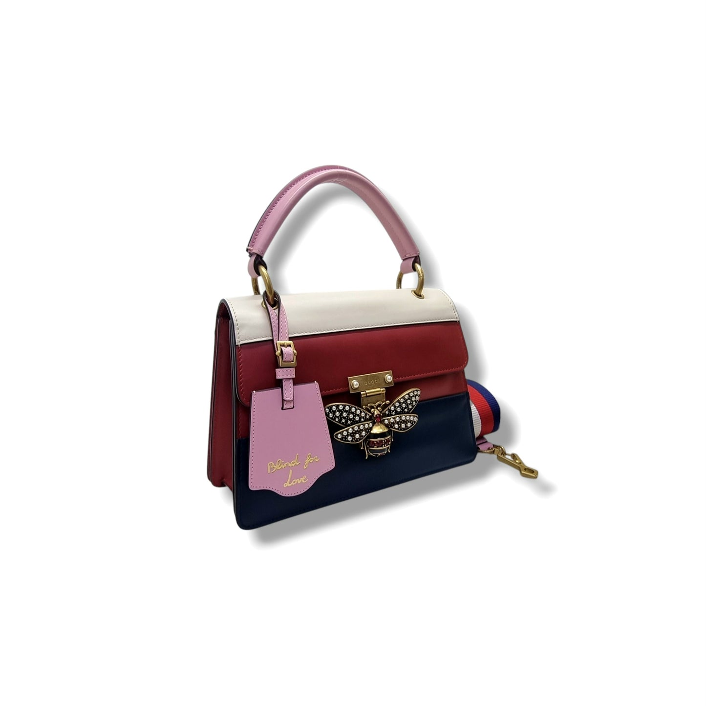Gucci Queen Margaret Top Handle Leather Tote Antique Gold Hw (White/Red/Navy Blue)