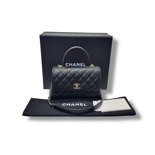 Chanel Coco Lizard Handle Small Caviar Light Gold Hw (Black)