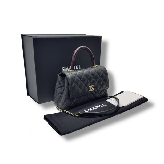 Chanel Coco Lizard Handle Small Caviar Light Gold Hw (Black)