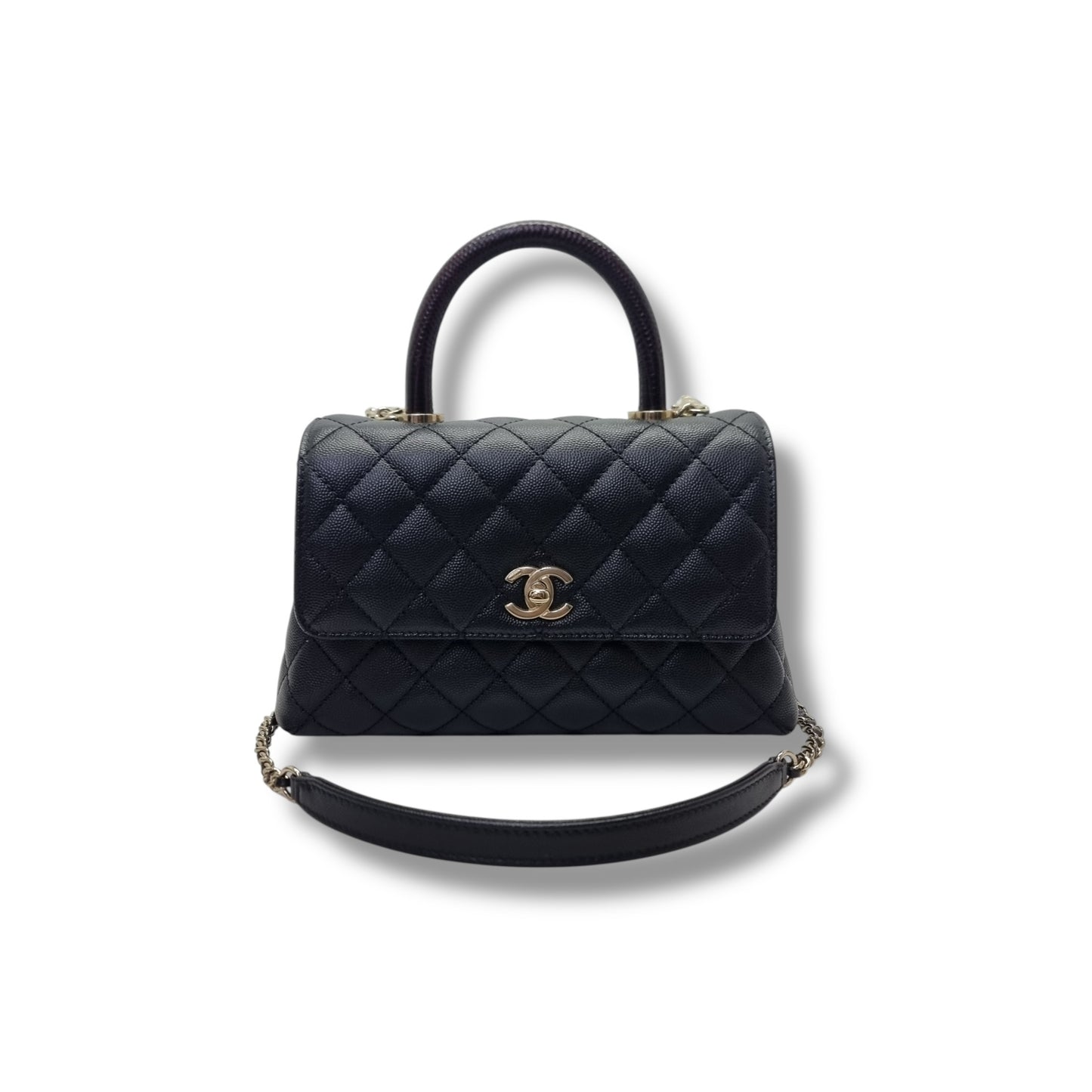 Chanel Coco Lizard Handle Small Caviar Light Gold Hw (Black)