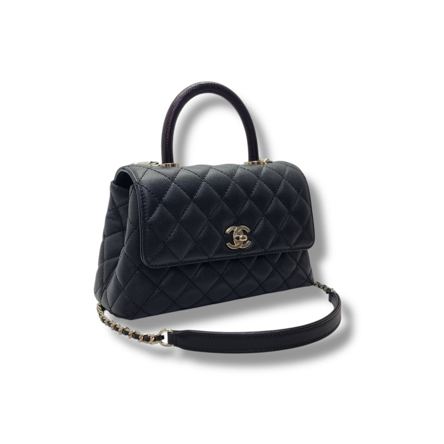 Chanel Coco Lizard Handle Small Caviar Light Gold Hw (Black)