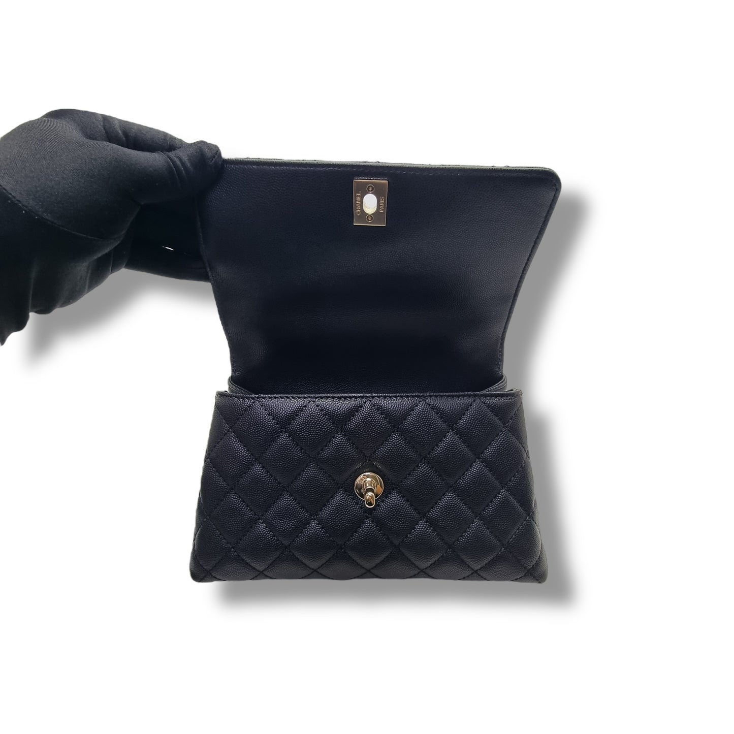 Chanel Coco Lizard Handle Small Caviar Light Gold Hw (Black)