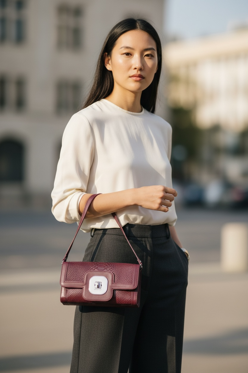 Longchamp Gatsby Shoulder Bag Embossed Crocodile Leather Shw ( Burgundy )