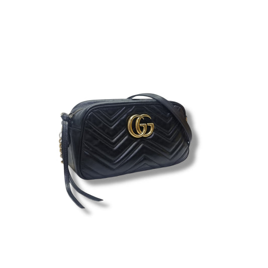 Gucci GG Marmont Matelasse Small Chevron Camera Bag Ghw (Black)