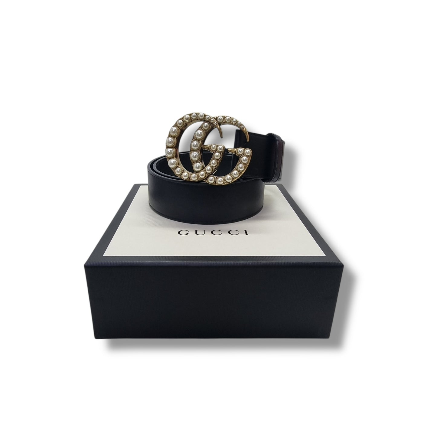 Gucci GG Pearl Embellished Double Buckle Belt Ghw (Black)