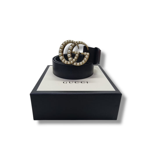 Gucci GG Pearl Embellished Double Buckle Belt Ghw (Black)