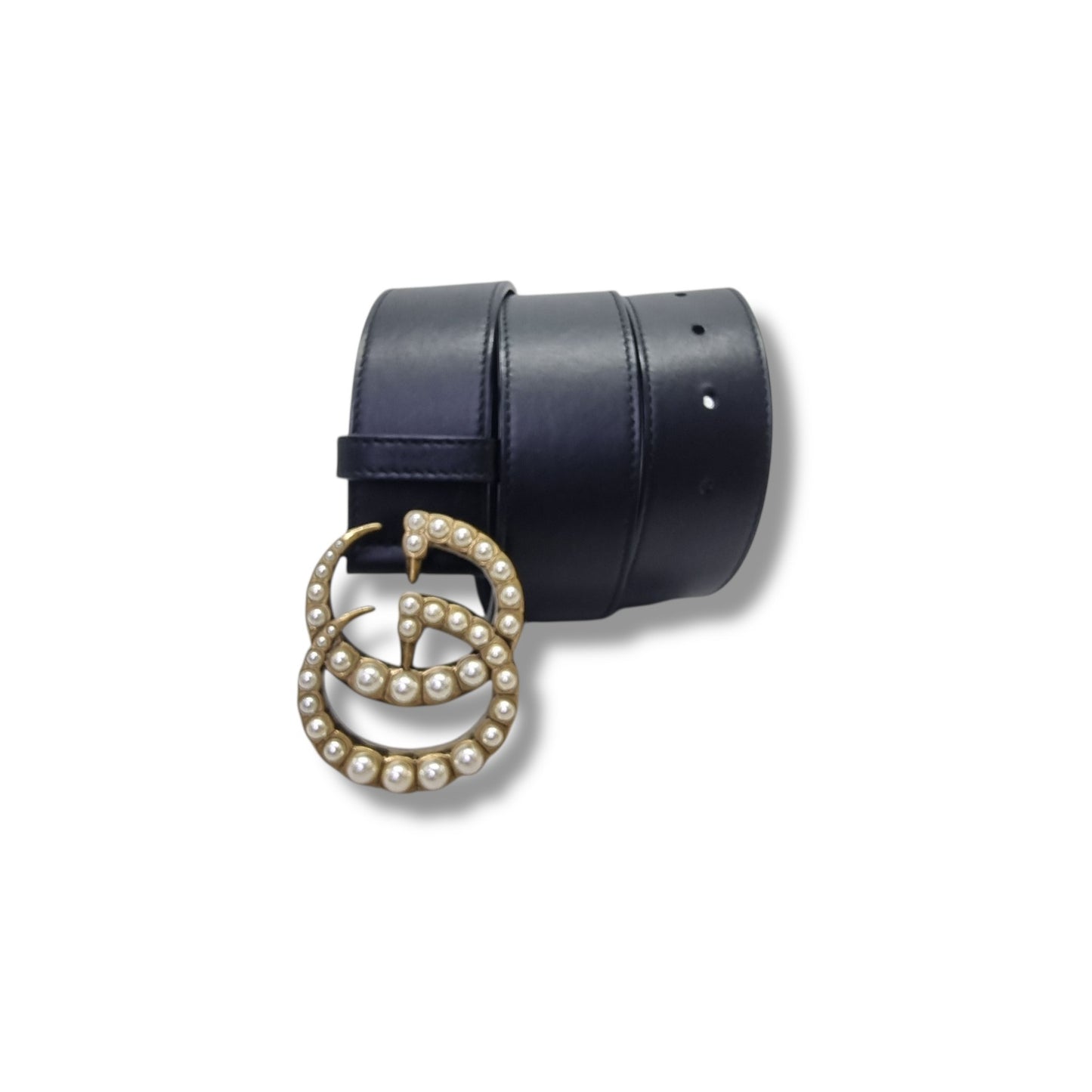 Gucci GG Pearl Embellished Double Buckle Belt Ghw (Black)