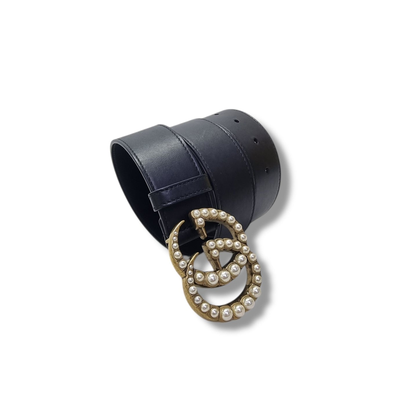 Gucci GG Pearl Embellished Double Buckle Belt Ghw (Black)