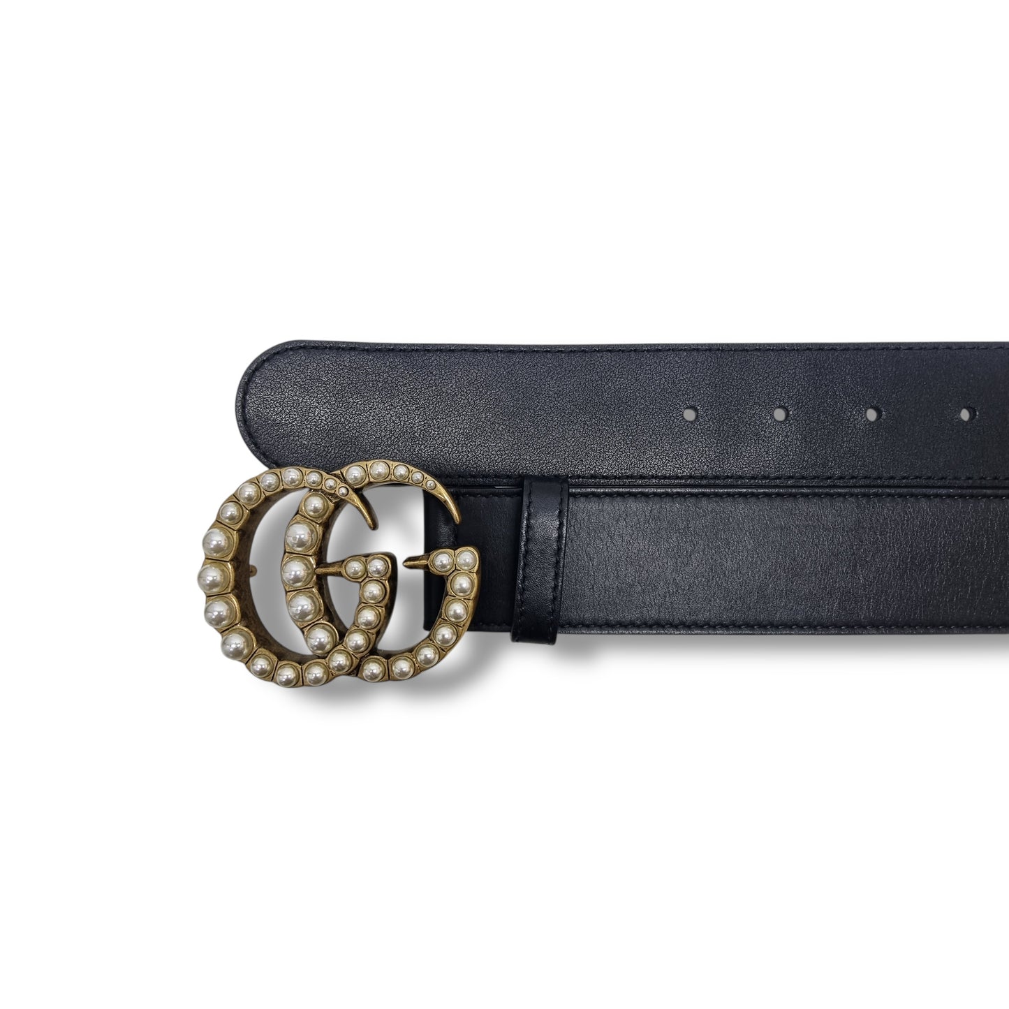 Gucci GG Pearl Embellished Double Buckle Belt Ghw (Black)
