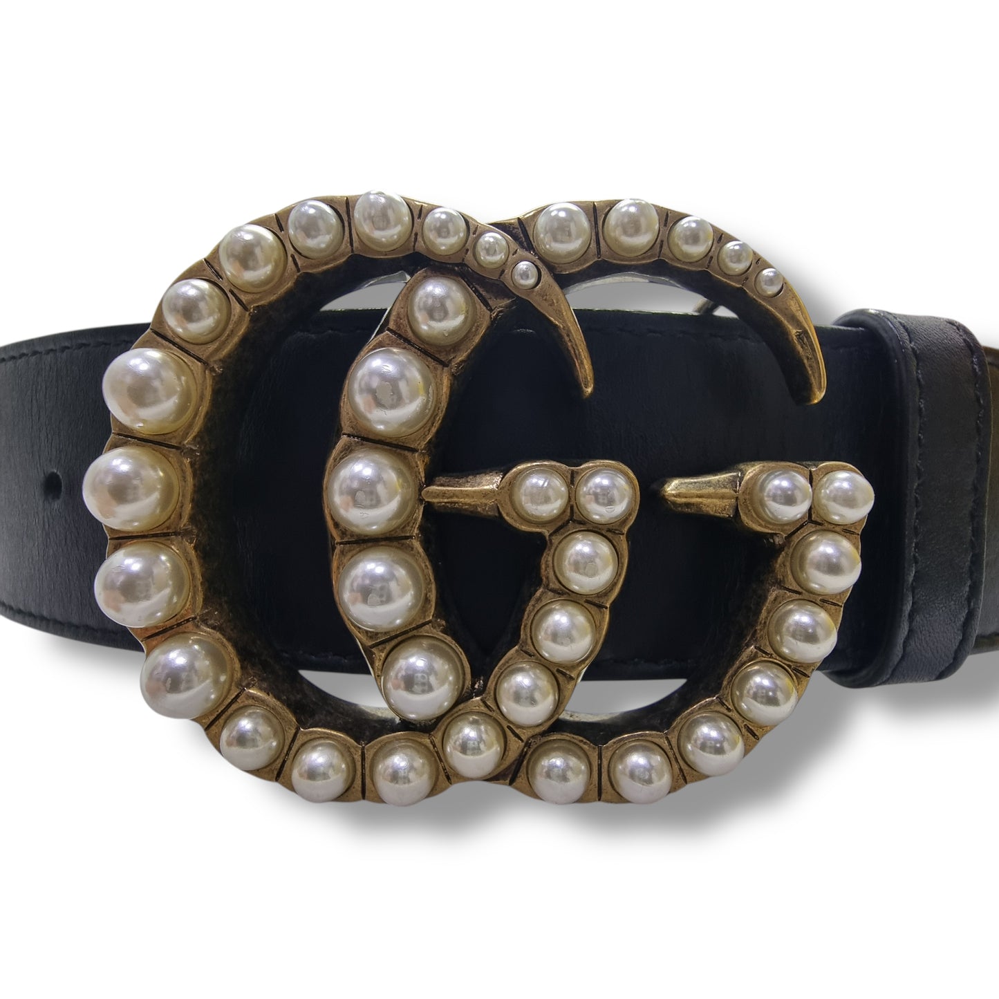 Gucci GG Pearl Embellished Double Buckle Belt Ghw (Black)