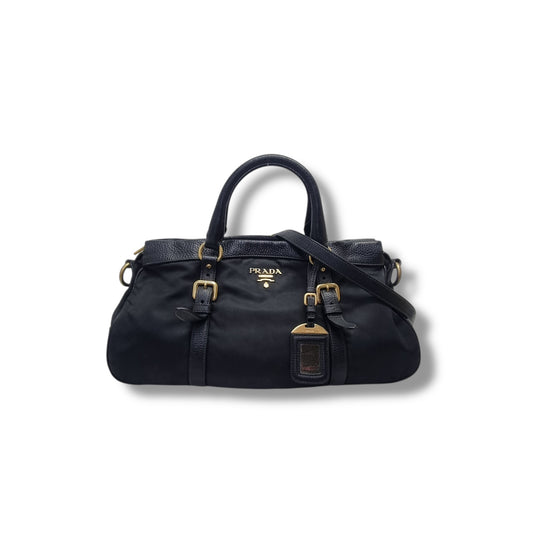 Prada BN2032 Nylon Leather Trim Tote Bag Ghw (Black)