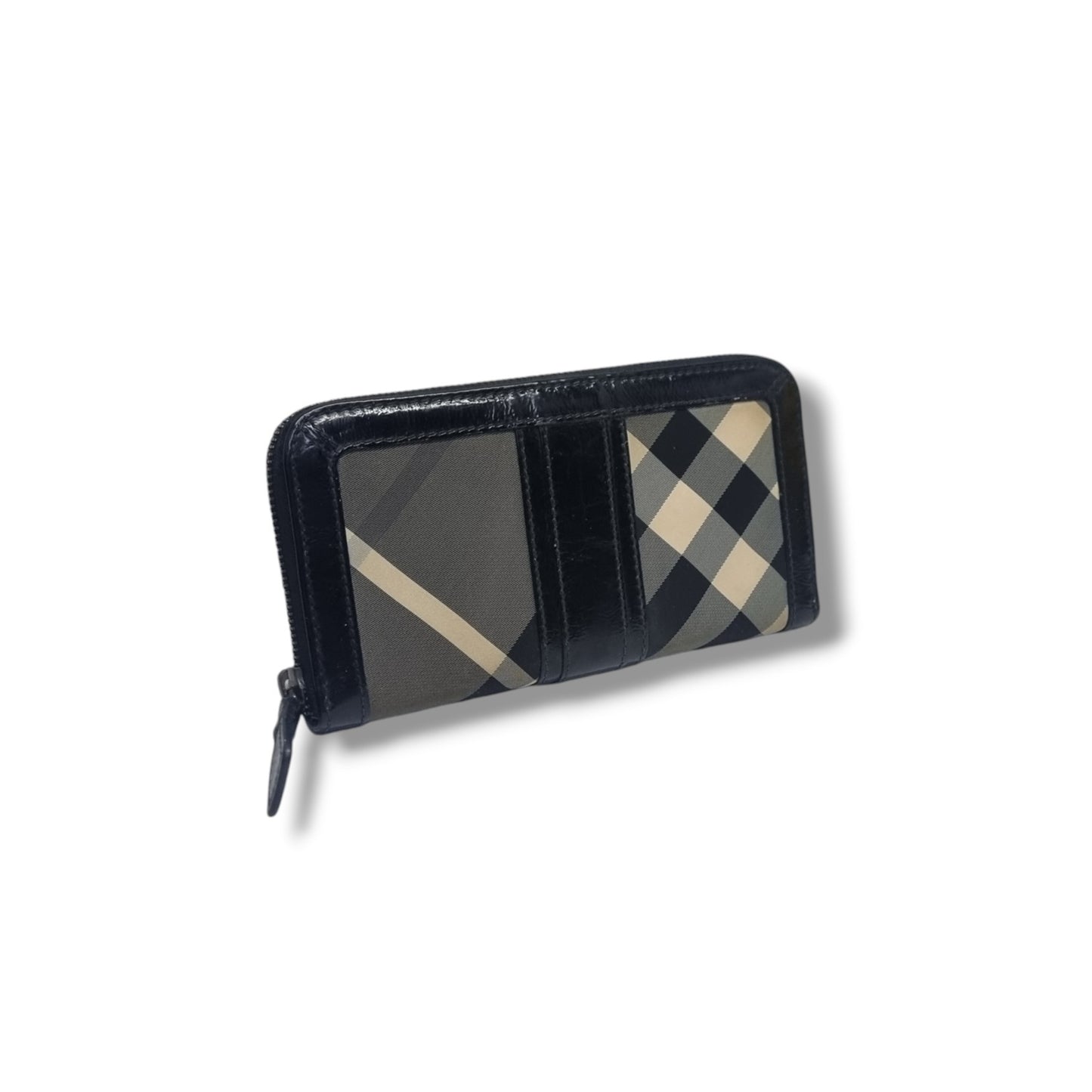 Burberry Zip Around Wallet Beat Check Nylon Patent Leather Shw (Black)