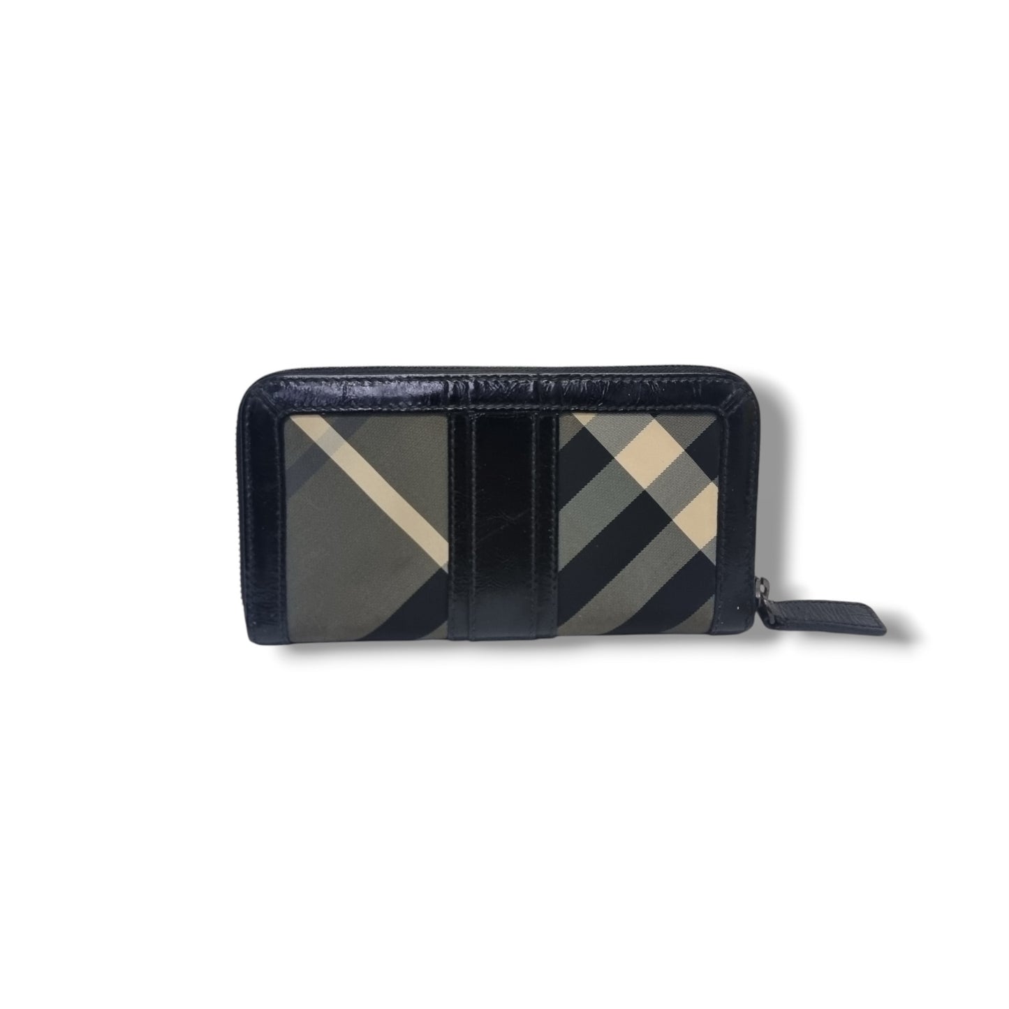Burberry Zip Around Wallet Beat Check Nylon Patent Leather Shw (Black)
