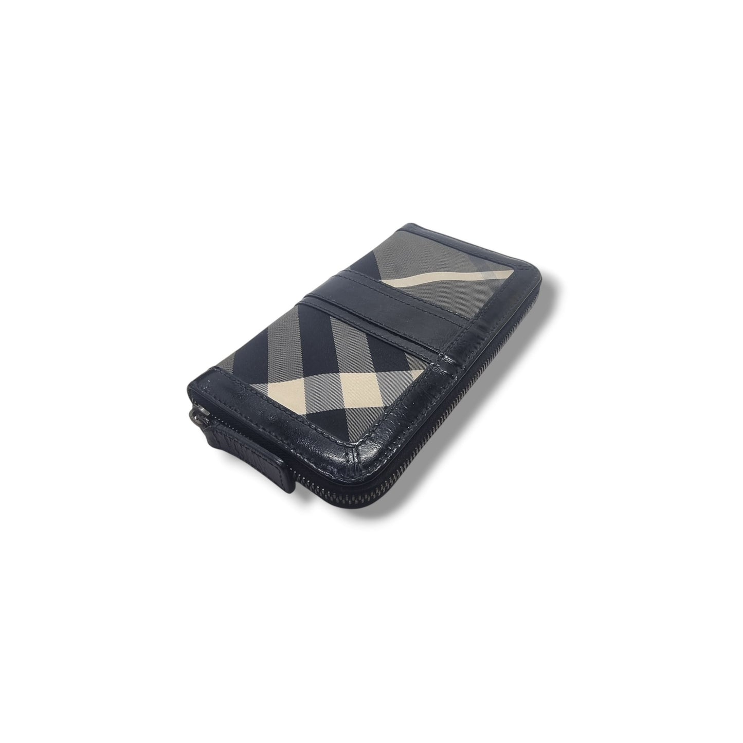 Burberry Zip Around Wallet Beat Check Nylon Patent Leather Shw (Black)