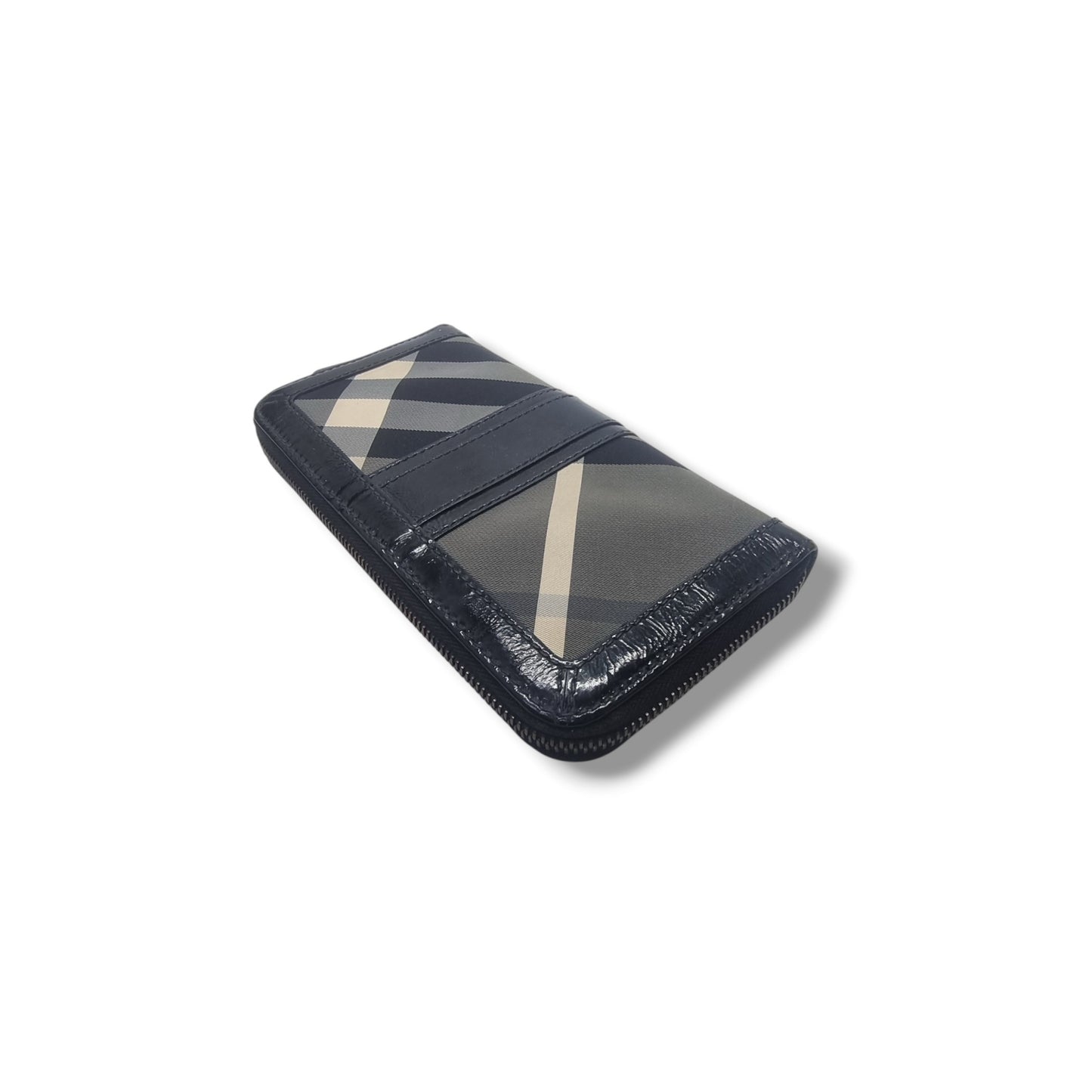 Burberry Zip Around Wallet Beat Check Nylon Patent Leather Shw (Black)