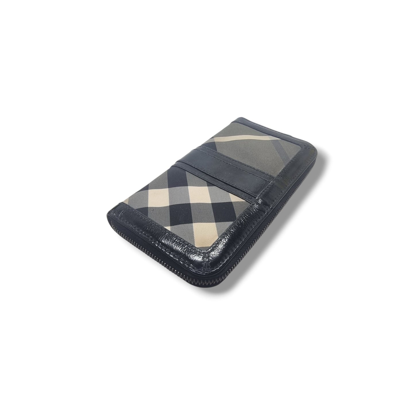 Burberry Zip Around Wallet Beat Check Nylon Patent Leather Shw (Black)